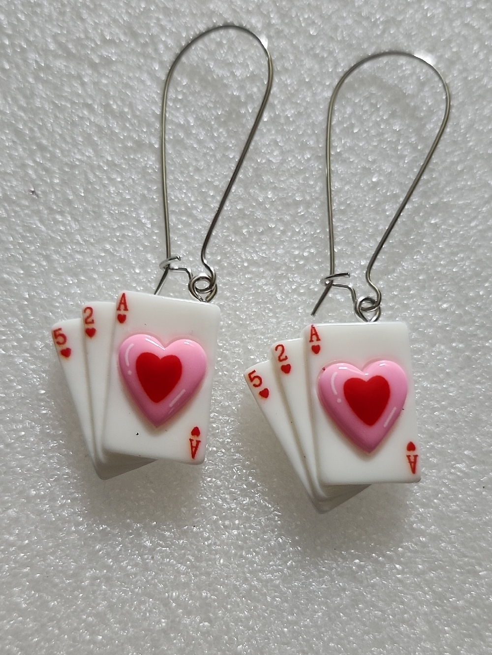 Hand Crafted White, Pink & Red Playing Card Heart Dangle Earrings